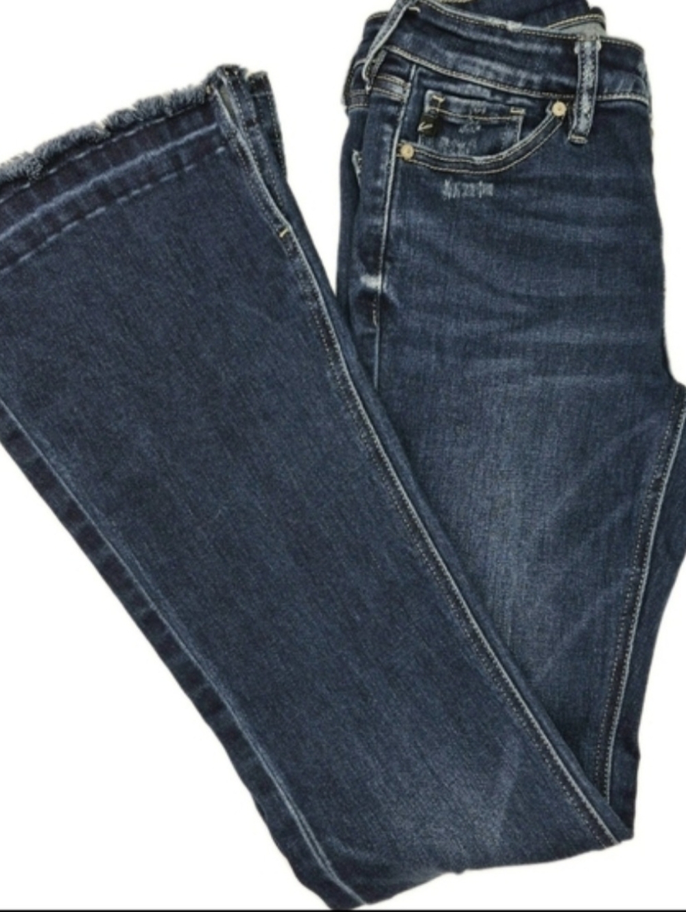 KanCan Dark Indigo Flare Jeans 5/26 Raw Hem Split Leg Flare Button Fly NWOT